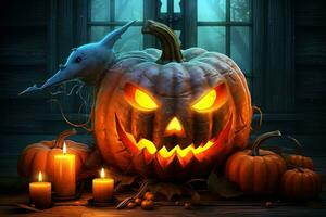 Halloween pumpkin head jack lantern with candles on dark background. Halloween concept AI Generated photo