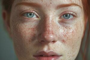 a close up of a woman with freckles AI generated photo