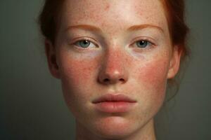 a close up of a woman with freckles AI generated photo