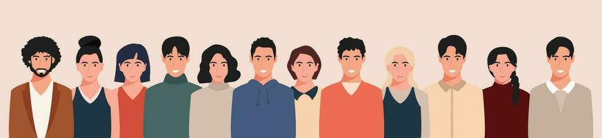 A group of people from different cultures and traditions. Diversity. Diverse multiracial and multicultural groups of people. Vector illustration in flat style.