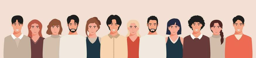 A group of people from different cultures and traditions. Diversity. Diverse multiracial and multicultural groups of people. Vector illustration in flat style.