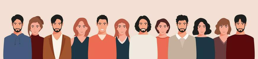 A group of people from different cultures and traditions. Diversity. Diverse multiracial and multicultural groups of people. Vector illustration in flat style.