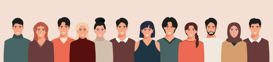 A group of people from different cultures and traditions. Diversity. Diverse multiracial and multicultural groups of people. Vector illustration in flat style.