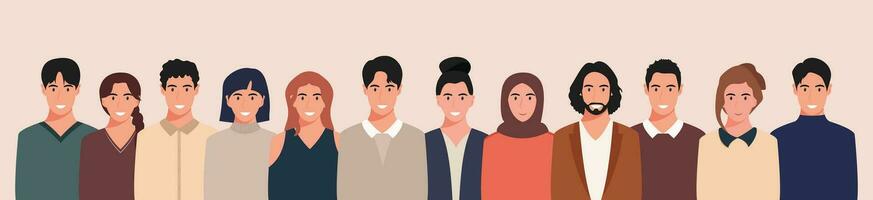 un grupo de personas desde diferente culturas y tradiciones diversidad. diverso multirracial y multicultural grupos de gente. vector ilustración en plano estilo.