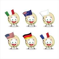 Slice of green coconut cartoon character bring the flags of various countries vector