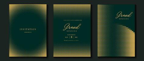 Luxury gala invitation card background vector. Golden elegant halftone gold pattern on dark green background. Premium design illustration for wedding and vip cover template, grand opening. vector