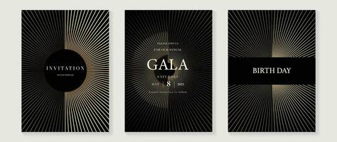 Luxury gala invitation card background vector. Golden elegant wavy gold line pattern on black background. Premium design illustration for wedding and vip cover template, grand opening. vector