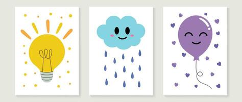 Kids wall art vector collection. Cute hand drawn design with lamp, cloud. rain, balloon, heart. Wallpaper background design for kid room decoration, Nursery wall art, Baby and toy card and cover.