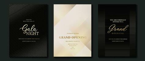 Luxury gala invitation card background vector. Golden elegant gradient gold line pattern on black and light background. Premium design illustration for wedding and vip cover template, grand opening. vector