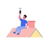 Man on the house tile Roof for search signal concept of disconnect internet empty state illustration vector