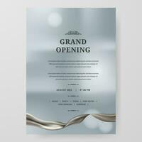 Grand opening with silver silk fabric stretch ornament decoration poster announcement party stage theatre with silver bokeh background vector