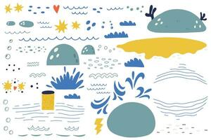 Big set cute hand drawn sea decorative waves bubbles vector