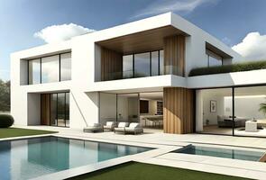 3d rendering of luxury house  exterior view of villa with luxury swimming pool photo