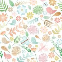 Vector - Abstract seamless pattern of many leaves, flower, bird, butterfly. Natural image.
