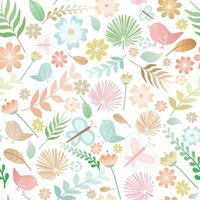 Vector - Abstract seamless pattern of many leaves, flower, bird, butterfly. Natural image.