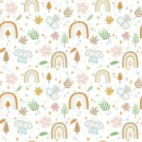 Vector - Abstract seamless pattern of rainbow, leaves, butterfly, tree, flower on white background. Autumn, Fall concept.