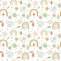 Vector - Abstract seamless pattern of rainbow, leaves, butterfly, tree, flower on white background. Autumn, Fall concept.