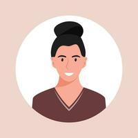 Circle the avatar with the portrait women of various races and hairstyles. Collection of user profiles. Round icon with happy smiling human. Colorful flat vector illustration.