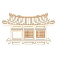 Editable Vector Illustration of Outline Style Front View Wide Traditional Hanok Korean House Building for Artwork Element of Oriental History and Culture Related Design