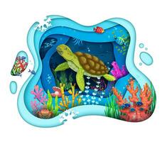 Cartoon turtle, paper cut sea underwater landscape vector