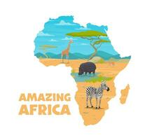 Cartoon African animals, Africa map travel poster vector
