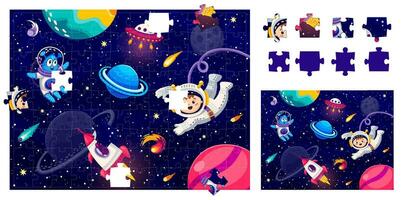 Jigsaw puzzle game with alien astronaut in space vector