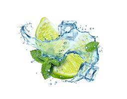 Mojito drink splash, lime, ice cubes and leaves vector