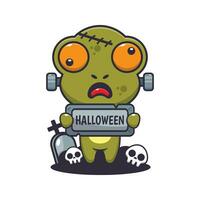 Zombie frog holding halloween greeting stone. vector