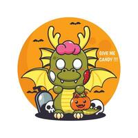 Zombie dragon want candy. Cute halloween cartoon illustration. vector