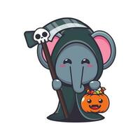 Grim reaper elephant holding scythe and halloween pumpkin. vector