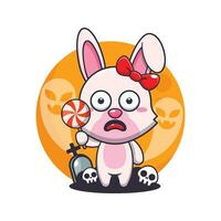 Cute bunny scared by ghost in halloween day. vector