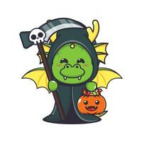 Grim reaper dragon holding scythe and halloween pumpkin. vector