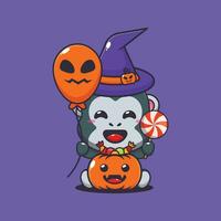 Witch gorilla holding halloween balloon and candy. vector