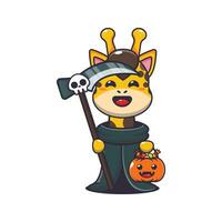 Grim reaper giraffe holding scythe and halloween pumpkin. vector