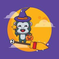 Witch gorilla fly with broom in halloween night. vector