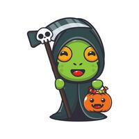 Grim reaper frog holding scythe and halloween pumpkin vector