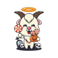 Cute angel goat holding candy in halloween day. vector