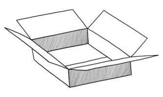 BLACK VECTOR ISOLATED ON A WHITE BACKGROUND DOODLE ILLUSTRATION OF AN OPEN CARDBOARD BOX