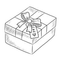 BLACK VECTOR ISOLATED ON A WHITE BACKGROUND DOODLE ILLUSTRATION OF A GIFT BOX WITH A BOW AND A ROMANTIC TAG