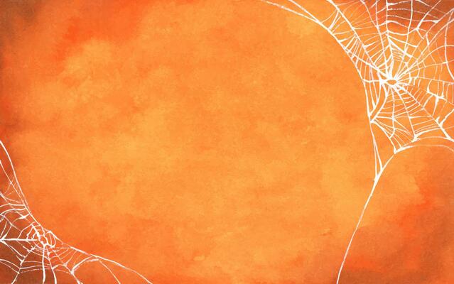Watercolor painting of shabby orange wall covered with spooky spider web. Halloween theme bright copy space background.