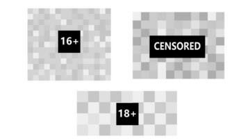 Set of pixel censored signs elements. 18 PLUS. Black censor bar concept. grey censorship background. vector