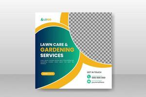 Organic food farming or lawn care and garden service social media post design template for multipurpose use with green gradient and yellow color or modern shape on white background vector