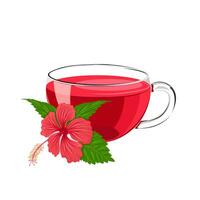 Vector illustration, a cup of hibiscus tea, with hibiscus flowers and leaves, isolated on white background.