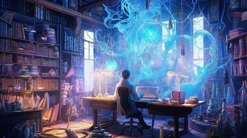wizard modem, digital art illustration, Generative AI photo