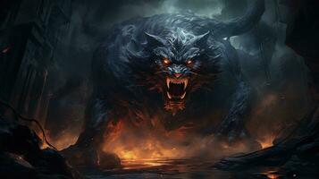 dark abyss of monstrous beasts, digital art illustration, Generative AI photo