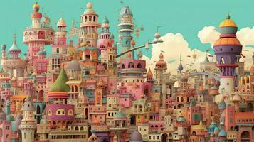 whimsical skyline, digital art illustration, Generative AI photo