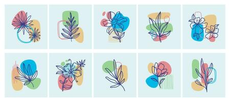Big Set of Various Leaves, Flowers, abstract shapes. Ink painting style. Contemporary hand drawn Vector illustration. Continuous lines, minimalist elegant concept. All elements are isolated