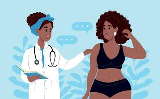 obesidad día. africano americano hembra médico explica cómo a perder peso a un obeso paciente por elegir bueno sano alimentos, grasa controlar instrucción, caloría control. vector