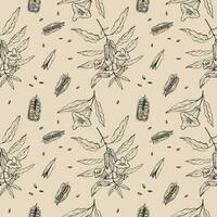 Sesame seamless pattern repeating background with flower, branch and sesame seeds. Hand drawn backdrop, decorative ornament. Vector illustration, for print, paper, label, template, packaging, design