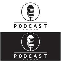 podcast logo with microphone and earphone audio, radio waves. for studio, talk show, chat, information sharing, interview, multimedia and web. vector